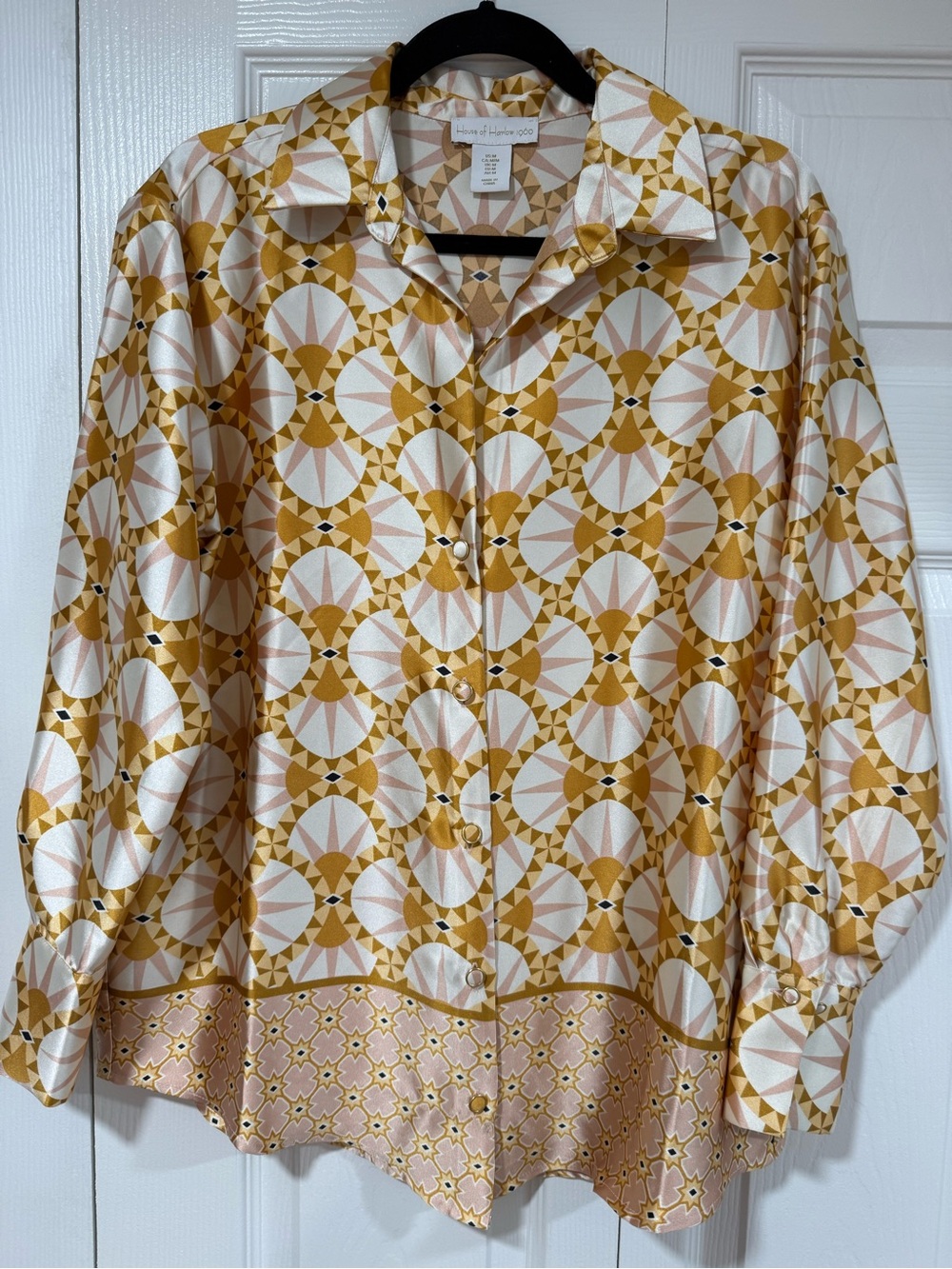 House of Harlow 1960 Mustard and Cream Geometric Button-Down Blouse